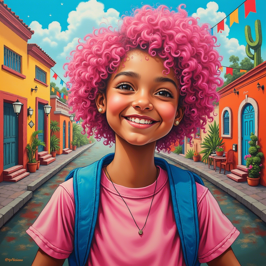 这幅作品展示了一位拥有粉色卷发的小女孩,背景是蓝天、白云、太阳和几棵树木。主要元素包括小女孩的笑脸、